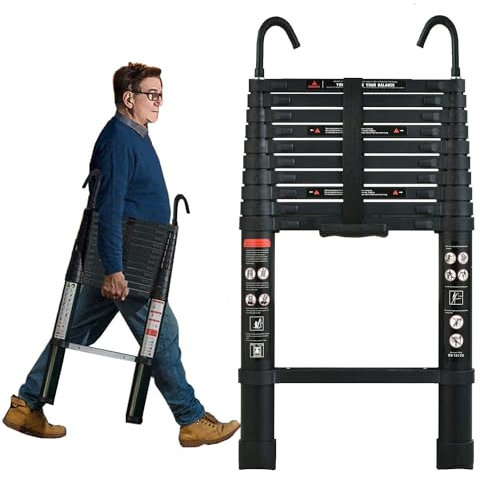 3.2m Scala Telescopica con Gancio, Scala Pieghevole Alluminio Salvaspazio, Leggero e Flessibile, Carico Massimo 150 kg, Norme EN131