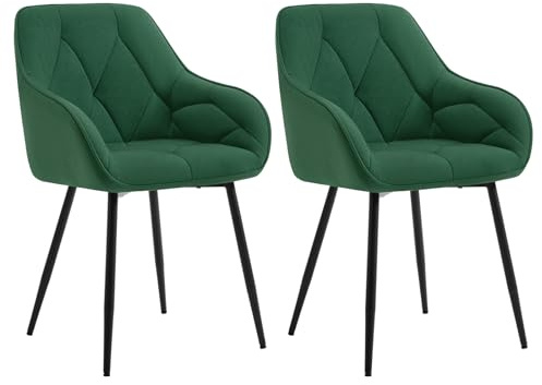 WOLTU Uppsättning av 2 matrumsstolar, köksstol, stol matsal vardagsrum, ergonomisk fåtölj, armstödsstol, stoppstol, sits av sammet, metallben, mörkgrön, EZS02dgn-2