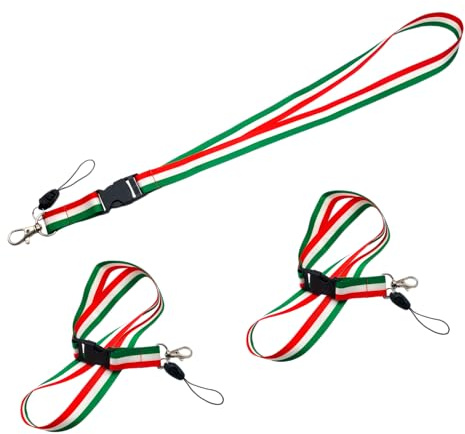 BullTek 3 piezas Cordón para el cuello, soporte para pases, insignia, teléfono celular, llaves, cordón para llavero de Italia, bandera italiana tricolor, para concesión de medallas, correa desmontabl