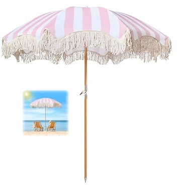 ELZEM Rose Parasol De Plage Anti Uv 180cm Parasol Inclinable Parasol De Jardin Avec Frange Parasol Terrasse Anti Vent Parasol De Marché Avec Sac De Transport Pour Patio Piscine/8 Baleines