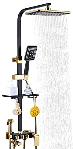 Duschsystem mit Regendusche Duscharmatur Duschsäule Handbrause Set Duschs Dusche Schwarz Gold Messing Einstellbare Höhe Duschset für Pensionen Hotels