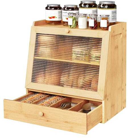 HOOBRO Bread Box, Bamboo Bread Box Storage Container with Drawer, 2-Tier Kitchen Countertop Food Storage Box with Acrylic Door, for Food, Natural YL21MB01