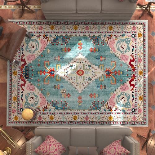 Neuer waschbarer Wohnzimmerteppich, rutschfeste Akzentteppiche, Schlafzimmer-Esszimmer-Flurteppich, weicher Kurzflorteppich, ethnischer Stil, abstrakte geometrische Muster, Puderblau, 120 x 170 cm