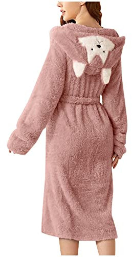 Damen-Bademantel aus Fleece, Tier-Bademantel mit Kapuze, weicher Plüsch-Bademantel mit Ohren, warme gemütliche Winternachtwäsche, volle Länge, Flanell-Loungemantel, bequeme Nachtwäsche mit Gürtel für