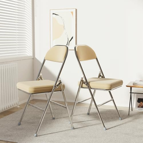 2er Set Gepolsterten Klappstühle aus Starker Stahlrahmen bis 175KG, Beige | Klappstuhl Leder, Keine Montage Erforderlich, Klappbare Esszimmerstühle Geeignet für Küche, Gäste, Büro, Partys, Balkonund