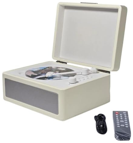 Huudngeje Portable Wireless Bluetooth Speaker, Multi-Functional Reprodutor CD Retro, Record Audio Player White