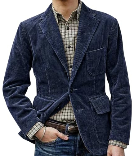 Oanviso Veste Vintage en Velours Côtelé pour Homme Coupe Ajustée Blazer à 2 Boutons Jacket Veste De Costume à Revers avec Bouton Veste A-Bleu L