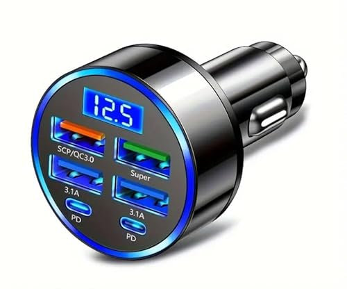 Goodiesltd 6 Ports Super Fast Cigarette Socket Lighter 12-24V Car Universal Charger Mobile Adapter, 2PD+QC3.0 4 USB Input, Digital Display Monitor Compatible with iPhone iPad Pro Samsung Galaxy Pixel
