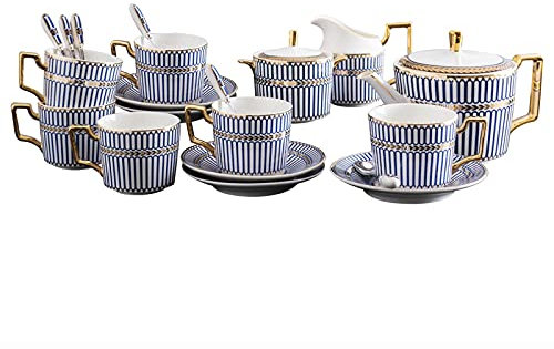 CNBYDK 15-teiliges Porzellan-Teeservice, Kaffeetassen und Untertassen, Teeservice, blau gestreifte Teekanne, Zuckerdose, Sahnekanne