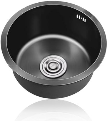 Spülbecken Rund Schwarz,304 Edelstahl Küchenspüle,Spüle Küche Klein,Spülbecken,Rundspüle Mini,Edelstahlspüle1 Becken mit Abflussrohr Und überlauf Einbauart: Einbau Von Oben und Unterbau (Ø 30cm)