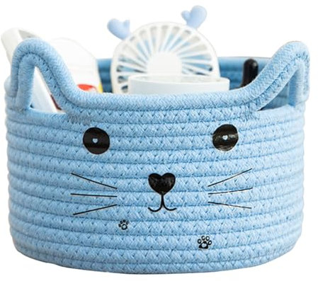 Doukesh Aufbewahrungskorb Geflochten Baumwollseil, Korb Geflochten Klein, Cartoon-Musterdesign, Katzenmuster, Aufbewahrung für Baby Spielzeug, Handtuch, Socken, Kosmetik, Geschenk