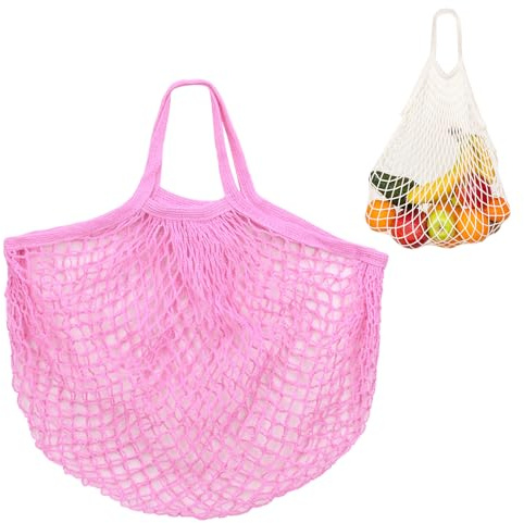 M METERXITY 1-Pack Cotton Mesh Bag, Reusable Washable Mesh Net String Grocery Bags, Reusable Produce Bags with Handle, Net Tote Bag for Fruits/Vegetables Shopping [Pink, Short Handle]