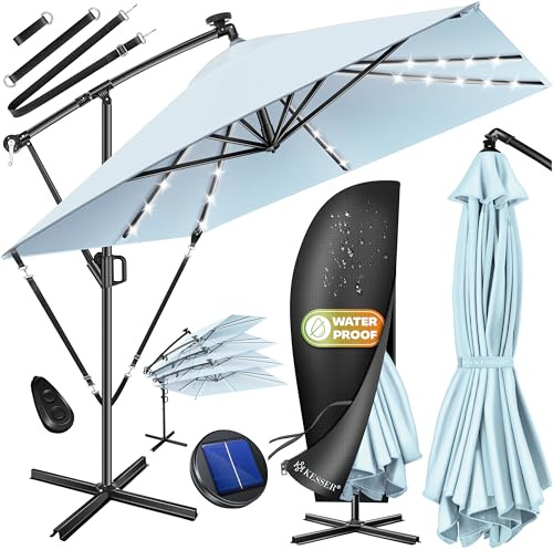 KESSER® Ombrellone rettangolare a LED solare con copertura e protezione antivento manovellata, supporto, protezione UV in alluminio, impermeabile, Ø 350 cm, azzurro