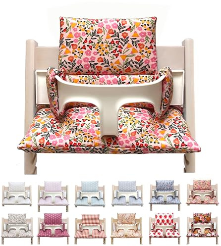 Blausberg Baby - Sitzkissen Set kompatibel mit Tripp Trapp® Stokke Hochstuhl Sitzkissen abwaschbar Oeko-Tex Baumwolle 6 cm Sitzpolster kompatibel mit Baby Set & Holzbügel & Tray Table - Flower Rosa