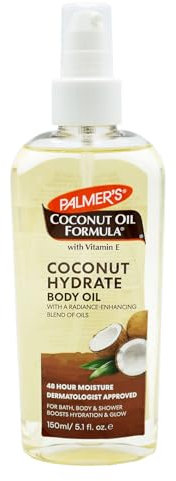 Palmer's Coconut Oil Formula Body Oil 150ml – Hydrating Dry Oil with Vitamin E for Body and Shower | 48H Moisture, Natural Glow and Radiance with Cosmetic Spatula – Fast Absorbing & Non-Greasy