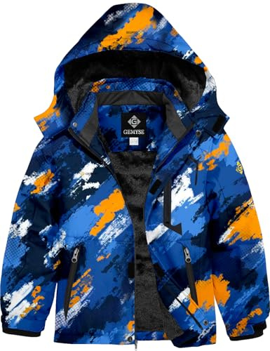 GEMYSE Giacca Sci Bambino Impermeabile Antivento con Cappuccio Pile Caldo Giubbotto Invernale Tuta Ideale adatto a Sport Invernali e Tempo Libero(Blu Arancione,160-168)