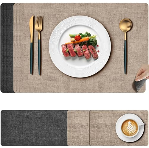Gucass Set di 6 Tovagliette Americane Lavabile, Tovagliette in Pelle e Sottobicchieri, Bifacciale Antiscivolo Plastica Tovaglietta Colazione Americana, Antimacchia Resistenti al Calore, 43x30cm(Beige)