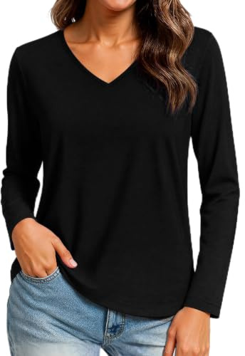 Wayleb Camiseta Manga Larga Mujer Cuello en V para Uso Diario | Cuello en V Clásico, Diseño Básico, Estilo Elegante, Ajuste Cómodo, Para Oficina, Casa, Viajes y Combinaciones por Capas