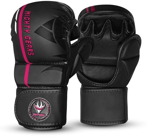 Mighty Gears MMA Gloves for Sparring & Grappling, Open Palm Shooter Design, Enhanced Wrist Support, Shock-Absorbing Padding, Lightweight & Durable for Training, Kickboxing, Muay Thai (Pink, L)