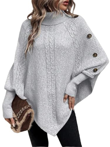 LIUYUYOUGO Cape Damen Strickponcho Pullover Für Damen Mit Zopfmuster Gefaltetem Rollkragen Knopfpullover Lockeren Fledermausärmeln Schalpullover Pullover Herbst Warme Strickwaren Cape Tops