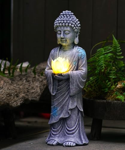 Yeomoo 37cm Stehende Buddha Figur mit Solar LED Lotus Gartendeko Grau | Wetterfeste Meditation Gartenfiguren Deko, Geschenk für Frauen Mama Männer, Deko für Zen Garten Zimmer Feng Shui Spirituelle
