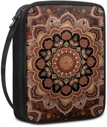 Bibelhülle Orange Braun Mandala Buchtasche für Männer Frauen Tragbar Buchhülle Stoff Leinwand Polyester Bibel Zubehör mit Reißverschluss Griffen Bibel Hülle 27.5x22.5x5.5 cm