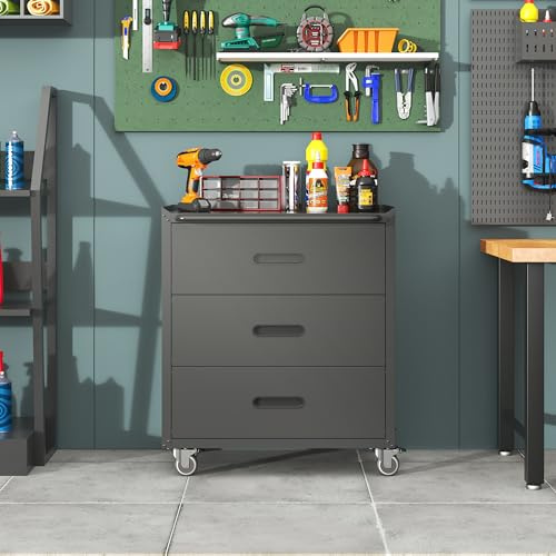 LLGWGL Metallgarageskåp, byrå, verktygsskåp – tungt robust verktygskåp med 3 lådor och hjul för garage, verkstadskontor, 75 x 42 x 88 cm (svart)