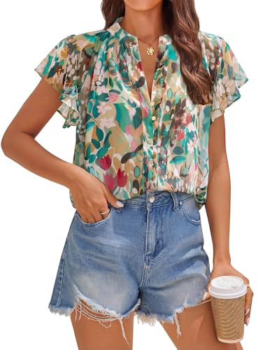 ZESICA Women's Short Sleeve Floral Blouse 2026 Summer Botton Down Shirts Loose Casual Boho Tops Trendy Outfits,Pink Green,Medium