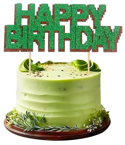 Happy Birthday Cake Topper, Glitter Green Cake Topper Game Themed Party Cake Decorations for Boys Girls Birthday Game Themed Party Supplies
