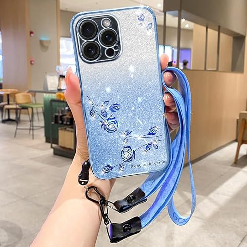 HAONANDE Funda para Motorola Moto G22 con Correa Bandolera, Funda Colgante Brillante con Flores, Carcasa Fina TPU Suave Antigolpes para Mujer Compatible con Carga Inalámbrica Azul