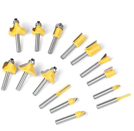 Fresadoras, Juego de 15 brocas de vástago de 1/4, 1/2, 6 mm y 8 mm for corte recto, moldurado y fresado. Herramientas de corte de carburo for carpintería.(6mm Shank have box)