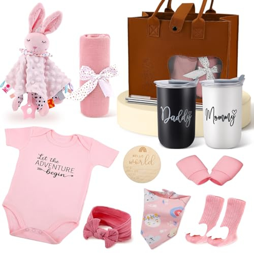 Neugeborenen Geschenk, 13 Teilig Baby Mädchen Geschenkset Baby Geschenkkorb mit Strampler, Decke, Tasse, Lätzchen, Socken und Fäustlingen, Geschenke zur Geburt für Babyparty
