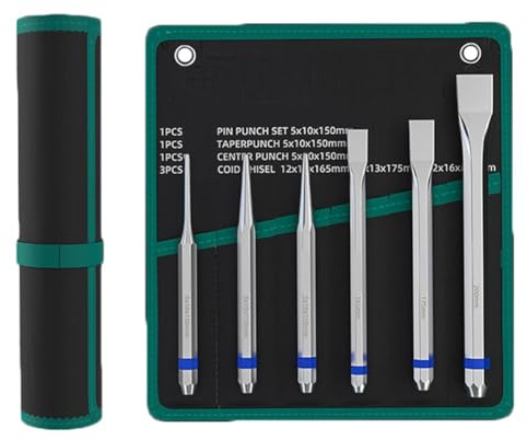 Kit d'outils de poinçonnage à rouleau plat (6 pièces) — Ciseau et cône en alliage d'acier traité thermiquement pour le marquage de précision, le traçage de trous et le poinçonnage cylindrique dans les
