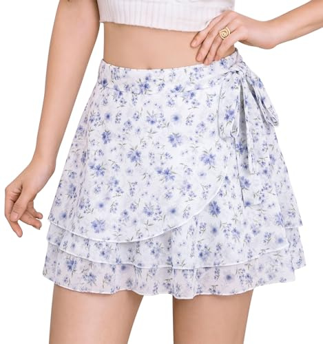 Aunribor Jupe Courte D'été Femmes Mini-Jupe Décontractée Fluide à Volants | Taille Haute Élastique A-Ligne Jupes à Lien Nouable Imprimé Fleur Couleur Unie Légère Skirt avec Doublure en Short