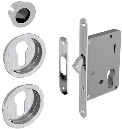 Einsteckschloss Set für Schiebetüren, geeignet für Zylinder Yale, silber, Nickel gebürstet (ohne Zylinder)