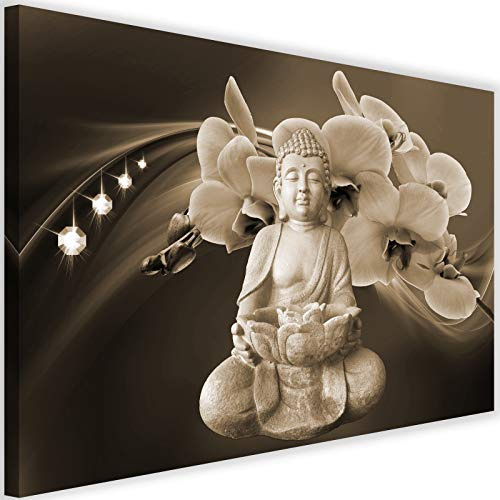 Feeby Bilder Buddha 60x40 cm Leinwandbild 1 Teilig - Kunstdruck modern Blumen braun