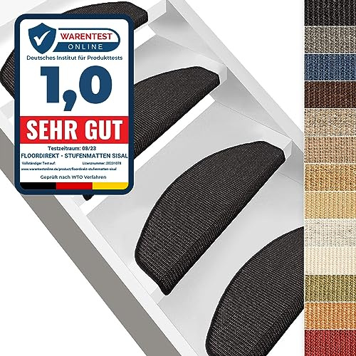 Floordirekt Sisal Stufenmatten innen halbrund, Treppenstufen Matten für Holztreppen, antirutsch Treppenteppich Selbsklebennd und Allergikerfreundlich (Schwarz Maße ca. 64 x 23,5 cm)