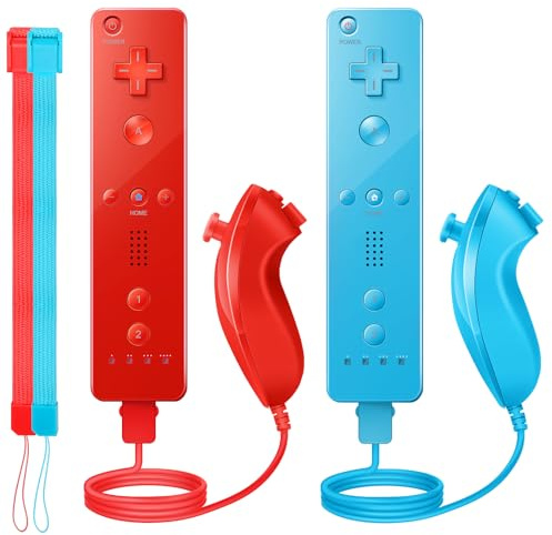 PGYFDAL Lot de 2 manettes à distance et manettes Nunchuck pour console Wii/Wii U, manette de jeu avec étui en silicone et dragonne pour les vacances (rouge et bleu)