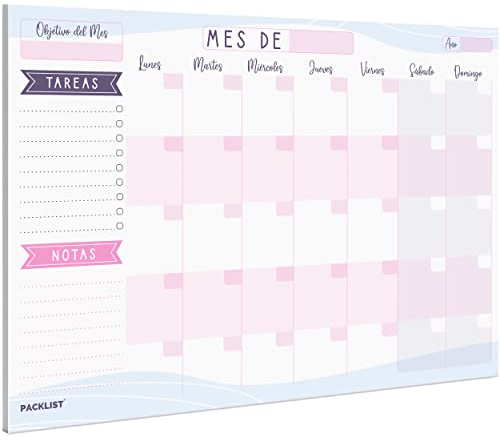 PACKLIST® Planificador Mensual A4 - Organizador Mensual Sin Fecha Perpetuo - Bloc de Notas con 25 Hojas Arrancables - Planner Mensual Funcional para Tareas y Objetivos