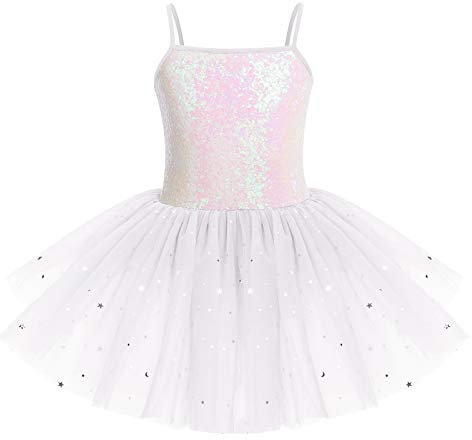 IWEMEK Kinder Ballettkleidung Mädchen Ballettkleid Ärmellos Pailletten Balletttrikot Ballettanzug Tanzkleid Tanzbody mit Tütü Rock Ballettrock Gymnastik Tanzbekleidung Weiß 5-6 Jahre