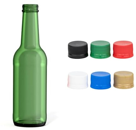 Vigo Presses 48 x 250ml Round Green Mineral Water Juice Bottles for Homemade Drinks with Recyclable Screw Caps Available in Green, Red, White, Gold, Black, Green & Blue… (Black Caps)