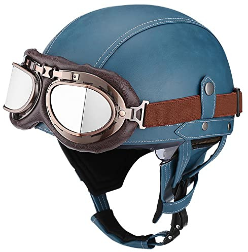 BDTOT Retro Motorrad Halbhelme Leder Halbhelm Deutscher Stil Roller Cruiser Chopper Anti-Collision Helm Abnehmbarer Gehörschutz mit Visier ECE Zertifiziert Roller-Helm Scooter Mofa-Helm, XL=61~62cm