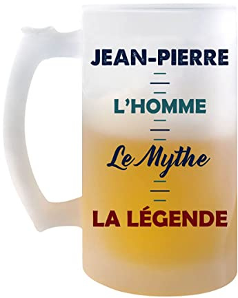 Planetee Chope de bière Jean-Pierre Mythe Légende - cadeau idée anniversaire Fête des Pères Humour - Verre givré 470 ml avec poignée Alcool Pinte
