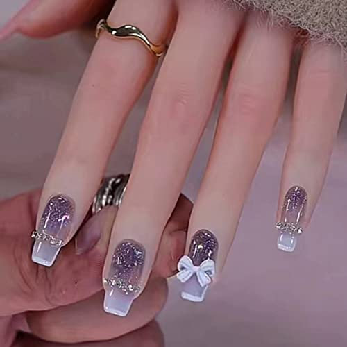 Ceboic Eckig Künstliche Nägel Kurz, French Lila Gradient Nägel Zum Aufkleben, Cute Bow Tie Ballerina Acryl Kunstnägel Press on Nails für Frauen und Mädchen Tägliche Nutzung, 12 Größen 24 Stück