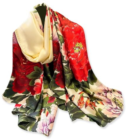 LumiSyne Seidenschal Damen Bunte Blumen Gedruckt Künstlerische Ölgemälde Muster Satin Lange Schal Sonnencreme Stola Leicht Warme Halstücher Schultertuch Ganzjährig