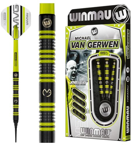 WINMAU Darts – MvG 85% Pro-serien 18 g tunna/20 g full vikt mjuk spets dartset med dartflygningar och dartaxlar (stammar)
