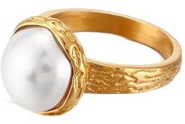 Homxi Edelstahlring Damen Gravur,Rund 14MM mit Perle Damen Ring Gold Damenring Größe 54 (17.2)
