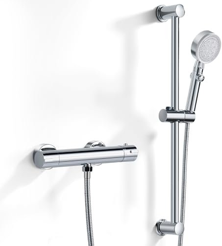 Coleniny Duscharmatur mit Thermostat Set, Aufputz Thermostat-Brausebatterie Dusche mit 635mm Edelstahl Duschstange | 5 Strahlarten Handbrause Höhenverstellbar | 1,5m Schlauch, Duschthermostat Chrom