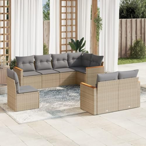 Rantry Gartenmöbel Set 8-TLG. Gartensofa Set mit Kissen Sofagarnitur Sitzgruppe Balkonmöbel Gartenlounge Garten Loungesofa Ecklounge Gartenset für Balkon Garten Beige Poly Rattan