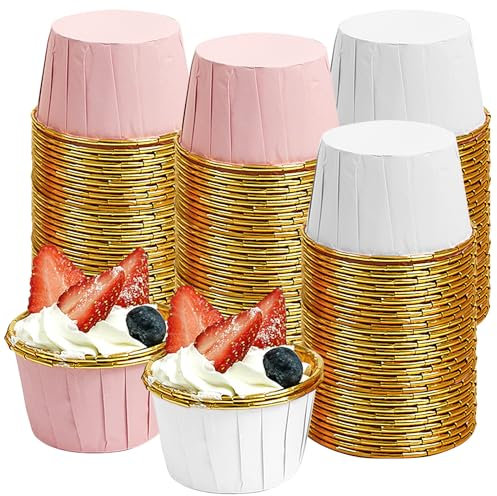 100 Pcs Cupcake Cases, Cake Muffin Liners, Greaseproof Paper Baking Cups, Foil Metallic Cupcake Cups for Home Birthday Wedding Party(Pink and White)
